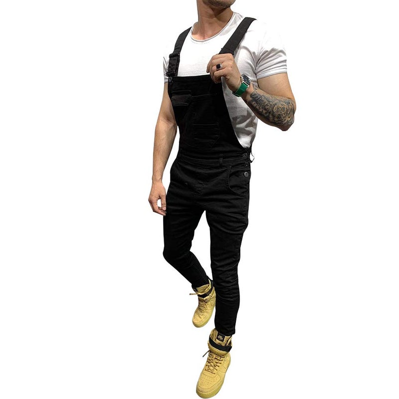 LONGBIDA Men's Denim Bib Overalls Fashion Slim Fit Jumpsuit with Pockets(Black,XL) - Image 2